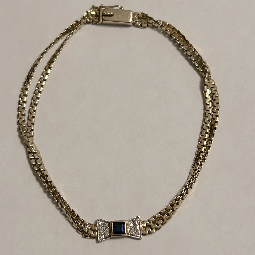 Vintage 14k Yellow and White Gold Sapphire and Pave Bow Bracelet
